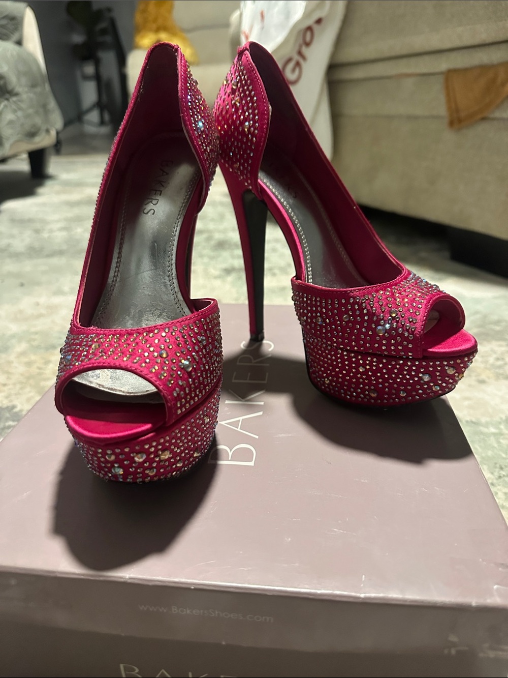 Bakers Hot Pink Crystal Platform Peep-Toe Stilettos